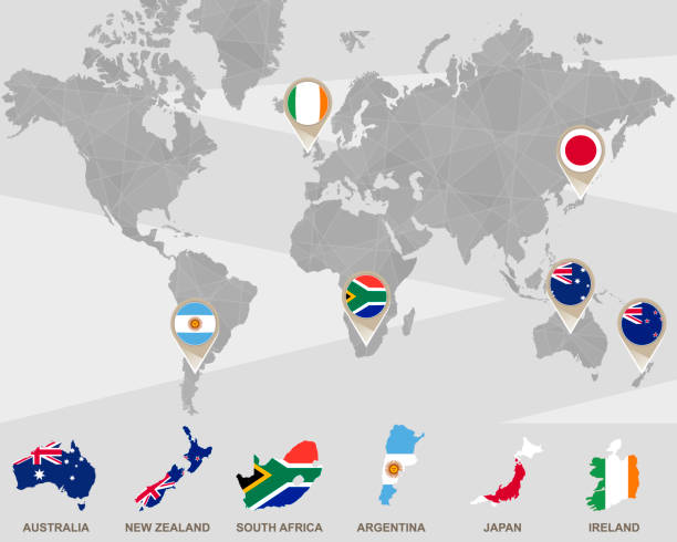 世界地圖,有澳大利亞、紐西蘭、南非、阿根廷、日本、愛爾蘭指標。 - ireland south africa 幅插畫檔、美工圖案、卡通及圖標