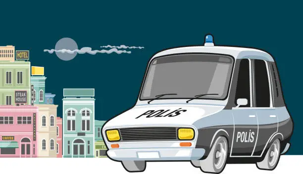 Vector illustration of Police car and stores