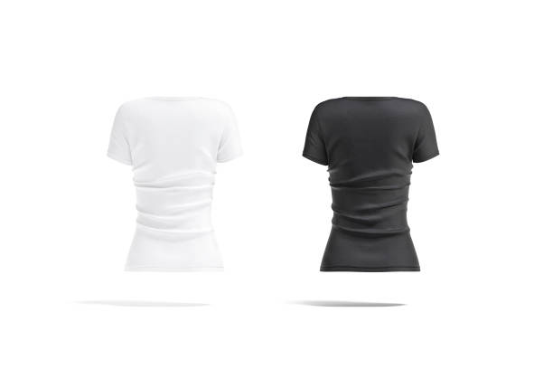 Blank black and white women slimfit t-shirt mockup, back view Blank black and white women slimfit t-shirt mockup, back view, 3d rendering. Empty female tee-shirt for sport mock up, isolated. Clear classic softwear for fitness or football template. spandex stock pictures, royalty-free photos & images