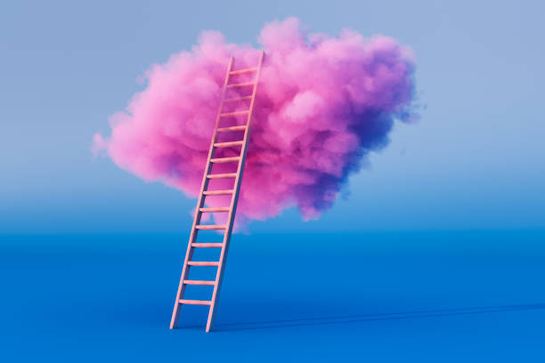 una scala direttamente alla nuvola rosa (rendering 3d) - ideas concepts ladder cloud foto e immagini stock