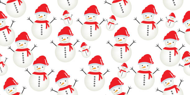ilustrações de stock, clip art, desenhos animados e ícones de snowman seamless pattern - white background still life winter gift