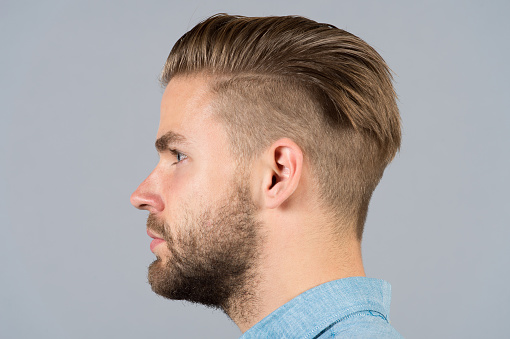 Man with beard on unshaven face profile. Macho with stylish hair, haircut on grey background. Fashion, barbershop, beauty salon concept.