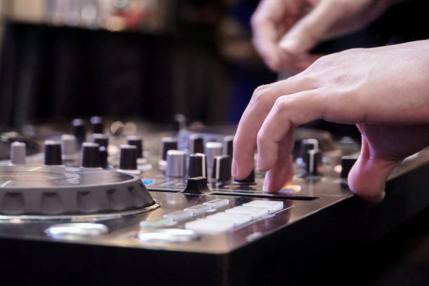 istock Dj mixing music track on Djs table 1279816125