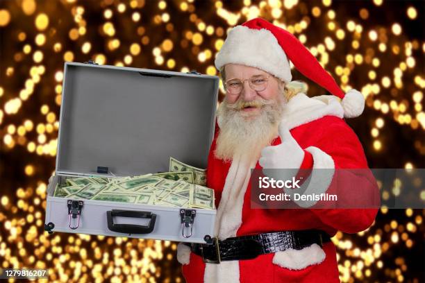 Cheerful Santa Claus With Case Of Money Stock Photo - Download Image Now - Briefcase, Santa Claus, Active Seniors