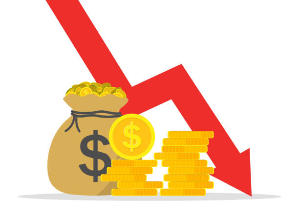 ilustrações de stock, clip art, desenhos animados e ícones de graph of money loss. low cost dollars. crisis of economy with decrease sales and revenue. icon of reduction of market and economic down. financial bankruptcy. infographic of inflation. vector - moving down dollar decline graph