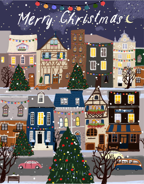 ilustraciones, imágenes clip art, dibujos animados e iconos de stock de ¡feliz navidad y feliz año nuevo! ilustraciones vectoriales de casas lindas decoradas festivas, árboles de navidad, calles de la ciudad por la noche y camino de invierno. dibujo para una postal o póster - winter snow non urban scene house