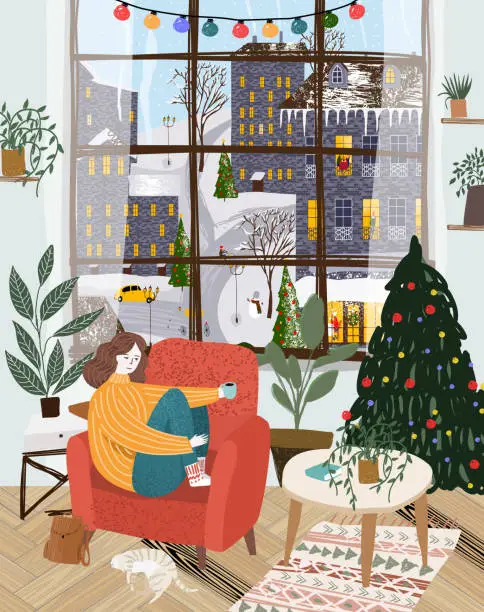 Vector illustration of Merry Christmas and Happy New Year! Cute winter vector illustration of a cozy living room interior, a woman with tea in an armchair, a window with a city street, plants, a garland and a Christmas tree