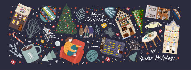 ilustraciones, imágenes clip art, dibujos animados e iconos de stock de ¡feliz navidad y feliz año nuevo! ilustraciones vectoriales de objetos de invierno lindos: casa, coche, personas, árbol, bola de navidad, árbol de navidad, nieve, artículos interiores, taza de café, autobús. - people winter urban scene chair