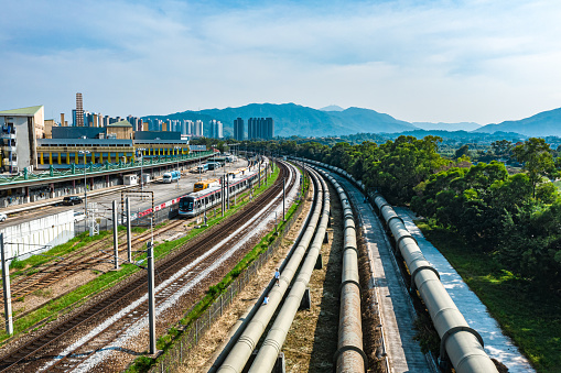 Aerial view of a railway in Sheung Shui, Hong Kong