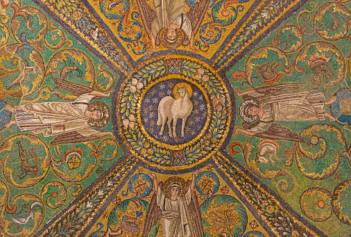 Ravenna - The symbolic mosaic of Lamb of God from the presbytery of church Basilica di San Vitale from the 6. cent.