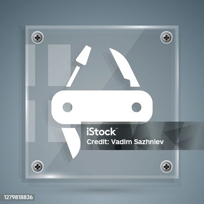 istock White Swiss army knife icon isolated on grey background. Multi-tool, multipurpose penknife. Multifunctional tool. Square glass panels. Vector 1279818836