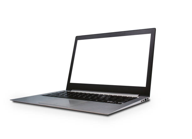 Perspective view of Modern slim design laptop with blank screen, isolated on white background with clipping path