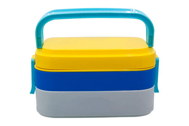 boîte à lunch portable de 3 couches, jaune, bleu, blanc sur un fond blanc. - lunch box lunch box metal photos et images de collection