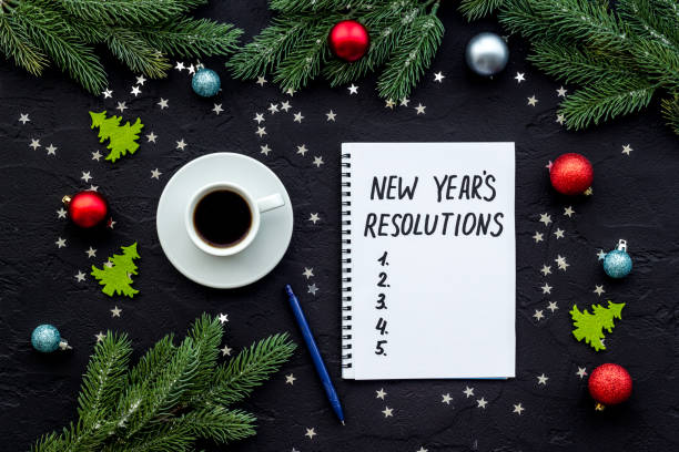 istock New Year Resolutions. Flat lay with Christmas decorations. Overhead view 1279820238