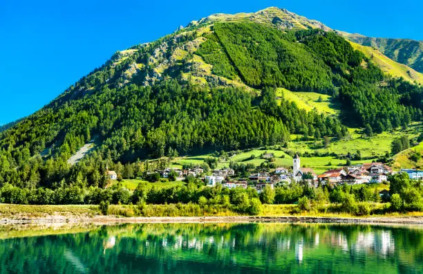 Graun im Vinschgau or Curon Venosta, a town on Lake Reschen in South Tyrol, Italian Alps