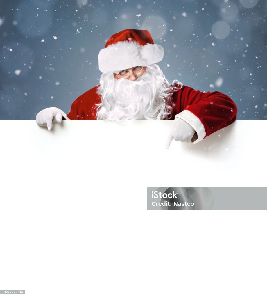 Happy Santa Claus Pointing In Blank White Advertisement Banner ...