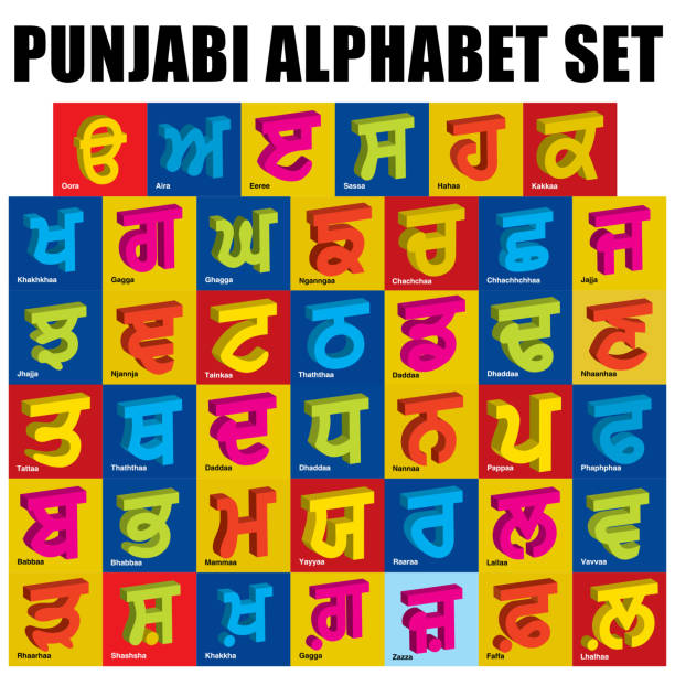 ilustraciones, imágenes clip art, dibujos animados e iconos de stock de alfabeto punjabi set forma 3d, (gurmukhi) ilustración vectorial. tarjeta flash, práctica de reconocimiento de cartas. ejercicios divertidos. tarjeta de construcción de atención para niños. - punjab