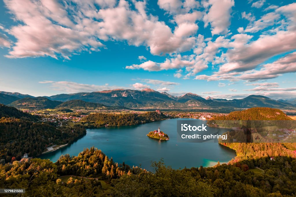 Panoramic view of Lake Bled Lake Bled Stock Photo