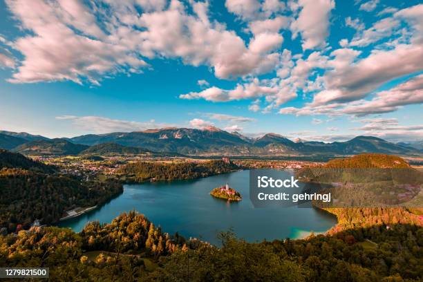 Panoramic View Of Lake Bled Stock Photo - Download Image Now - Lake Bled, Aerial View, Hungary