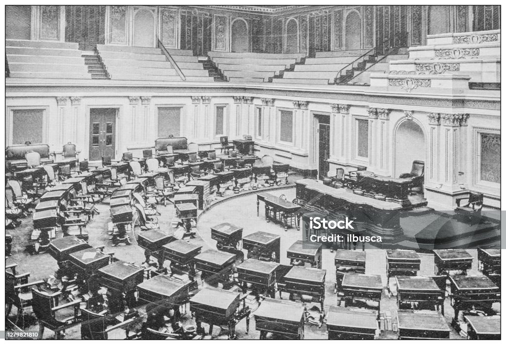アメリカワシントンのアンティーク白黒写真:上院議会、国会議事堂 - イラスト素材...