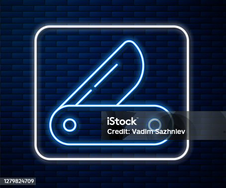 istock Glowing neon line Swiss army knife icon isolated on brick wall background. Multi-tool, multipurpose penknife. Multifunctional tool. Vector 1279824709