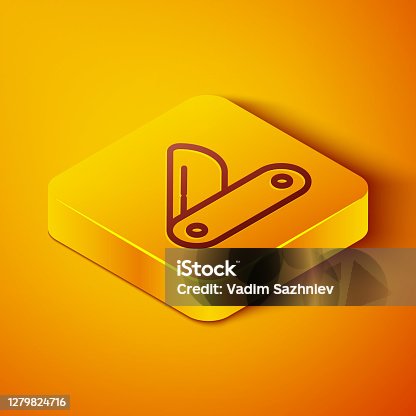 istock Isometric line Swiss army knife icon isolated on orange background. Multi-tool, multipurpose penknife. Multifunctional tool. Yellow square button. Vector 1279824716