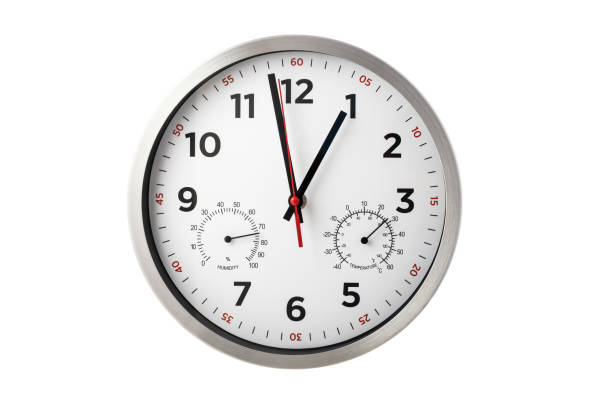 istock Modern clock showing hours, minutes, temperature, humidity isolated on white background 1279825746