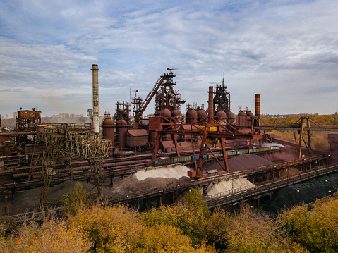 Blast furnace equipment of the metallurgical plant, aerial view.