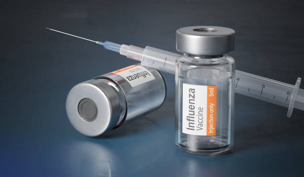 concepto de vacunación contra la gripe. botellas médicas con vacuna antigripal. ilustración renderizada en 3d. - gripe fotografías e imágenes de stock