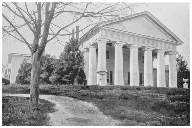 ilustrações de stock, clip art, desenhos animados e ícones de antique black and white photograph of washington, usa: arlington house - washington dc arlington national cemetery arlington virginia architecture