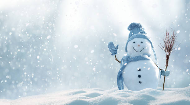 Christmas winter background with snow and blurred bokeh.Merry christmas and happy new year greeting card with copy-space. Merry christmas and happy new year greeting card with copy-space.Happy snowman standing in christmas landscape.Snow background.Winter fairytale. winter stock pictures, royalty-free photos & images