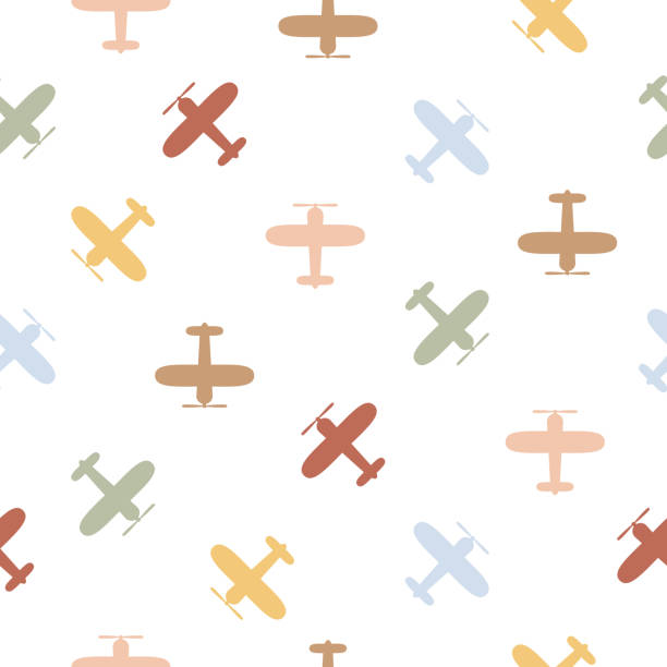 Plane flying seamless pattern. Plane flying seamless pattern. White child airplane color background. Vector illustration. airplane patterns stock illustrations