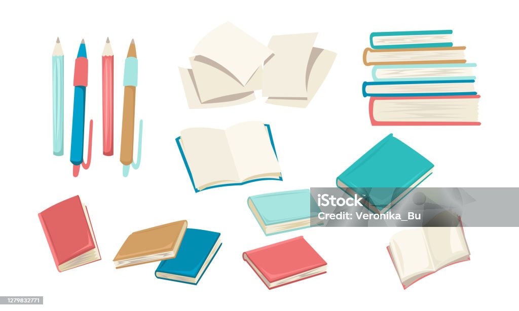 Set Of Books Pages And Stationery Goods Pens And Pencils Bright Student  Cartoon Items Vector Illustration Stock Illustration - Download Image Now -  iStock