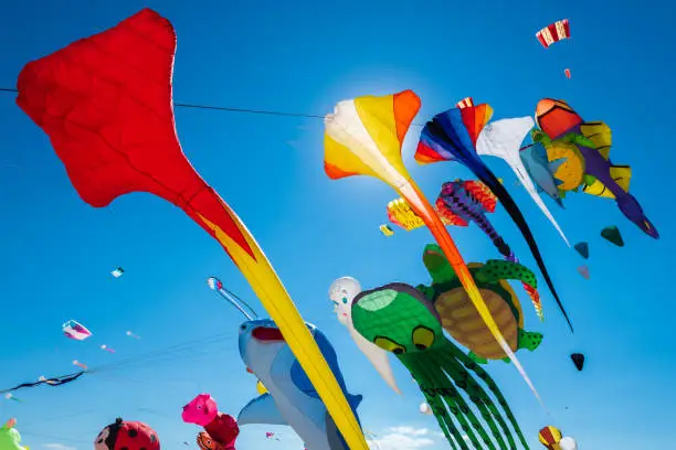 Clear blue sky filled with many different colorful kites