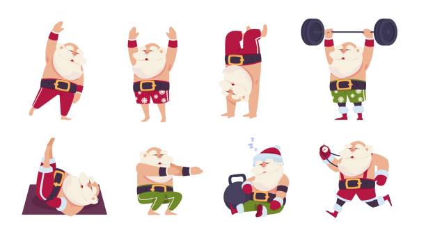 ilustraciones, imágenes clip art, dibujos animados e iconos de stock de ejercicios de papá noel de navidad. personaje de dibujos animados haciendo actividades en el gimnasio. abuelo haciendo ejercicio con mancuernas y mancuerna. año nuevo de publicidad de artículos deportivos. conjunto de estilo de vida activo vectorial - the human body cartoon figurine characters