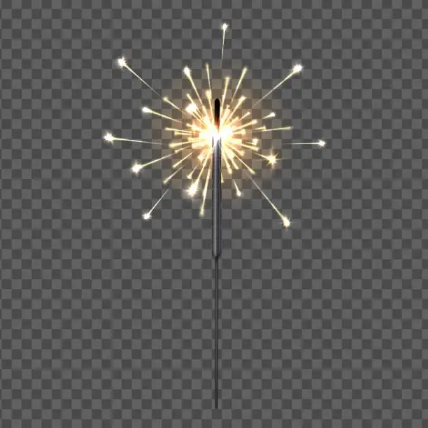 Vector illustration of Birthday party sparklers lights. Yellow holiday Bengal fire on transparent background. Firework decor element for greeting cards, Christmas flame fountain. Vector 3D flares illustration