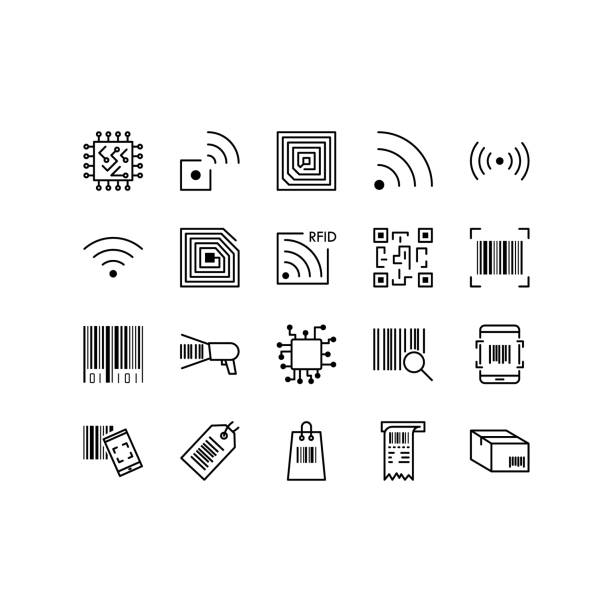 Set of QR Code, barecode vector line icons. Contains icons such as wireless RFID chip and radio-frequency identificationscanner, package code, barcode and more. Editable stroke Set of QR Code, barecode vector line icons. Contains icons such as wireless RFID chip and radio-frequency identificationscanner, package code, barcode and more. Editable stroke. iot logo stock illustrations