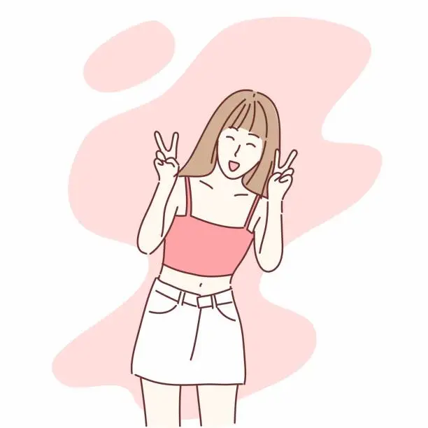 Vector illustration of Confident woman making V-sign fingers gesture. Hand drawn character style.