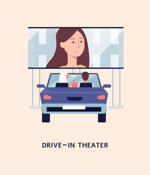 Drive-in theater with people watching movie from car, flat vector illustration. Poster design for drive-in theater with people watching movie from car, flat vector illustration. Drive-in or open-air cinema advertising banner background. woman driving car night stock illustrations