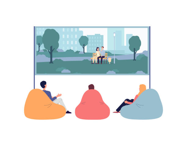 People watching movie in home cinema theater flat vector illustration isolated. People watching movie in home cinema theater sitting behind big screen, flat vector illustration isolated on white background. Home cinema indoor entertainment. scenery video stock illustrations