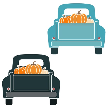 Illustration of black and blue retro truck rear with pumpkins in back