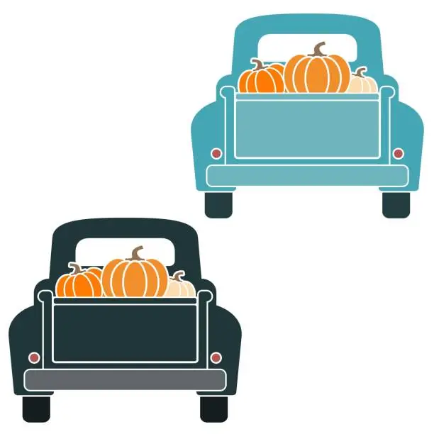 Vector illustration of Vintage Truck Tailgate with Pumpkins Vector Illustrations on White