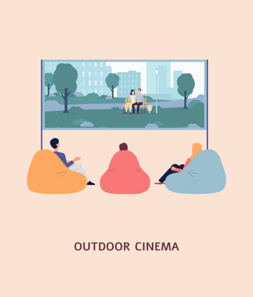 Outdoor cinema banner with people watching movie, flat vector illustration. Outdoor cinema banner or poster with people watching movie, flat vector illustration. Open air cinema theater entertainment promotion poster background. movie-theater-exterior stock illustrations