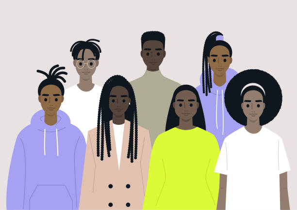 illustrazioni stock, clip art, cartoni animati e icone di tendenza di comunità nera, africani riuniti, un insieme di personaggi maschili e femminili che indossano abiti e acconciature diversi - afro americano