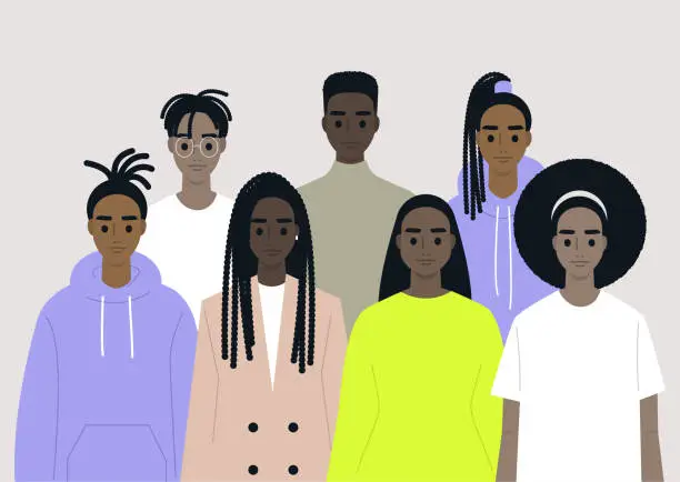Vector illustration of Black community, African people gathered together, a set of male and female characters wearing different clothes and hairstyles