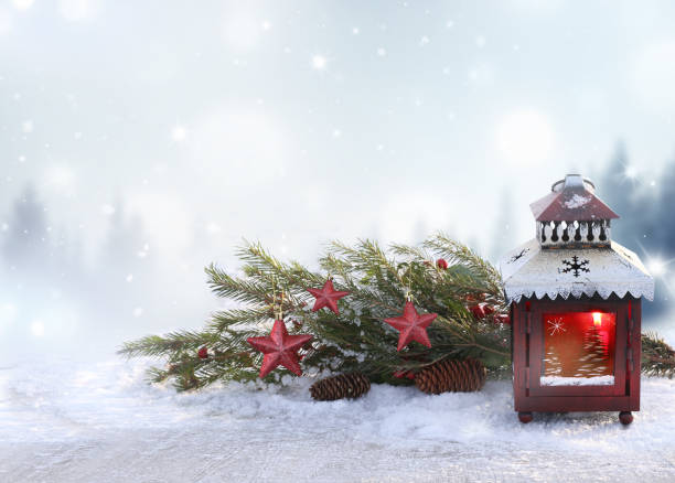 istock Christmas background with red lantern and fir tree branch. 1279839408