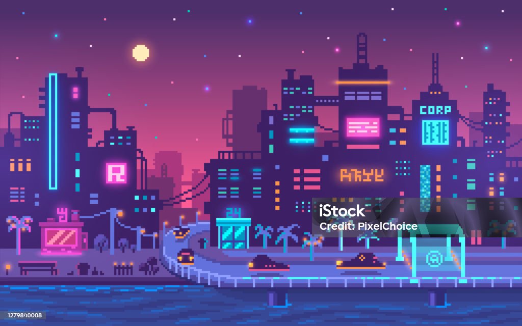 Pixel art cyberpunk metropolis background. Pixel art cyberpunk metropolis background. Grunge buildings in the future in neon colors. Sci-fi concept. Vector illustration. Pixel Art stock vector