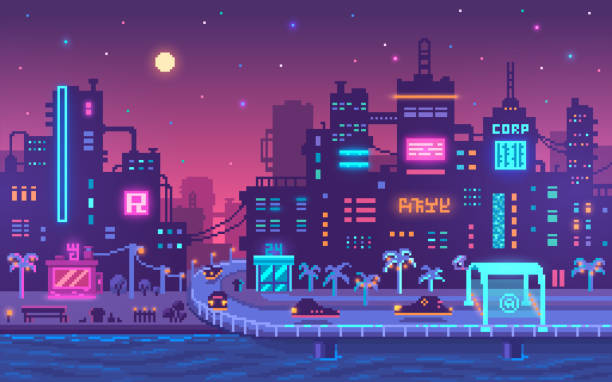 Pixel art cyberpunk metropolis background. Pixel art cyberpunk metropolis background. Grunge buildings in the future in neon colors. Sci-fi concept. Vector illustration. pixel sky background stock illustrations