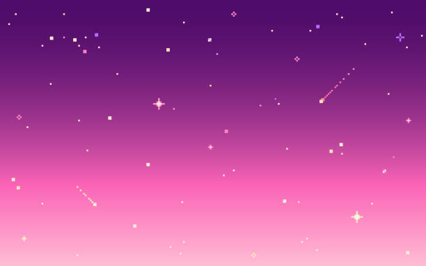 Pixel art star sky at sunset time. Pixel art star sky at sunset time. Starry evening sky seamless gradient backdrop. Vector illustration. pixel sky background stock illustrations