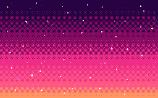 illustrations, cliparts, dessins animés et icônes de ciel d’étoile d’art de pixel à l’heure de coucher du soleil. - star star shape sky night